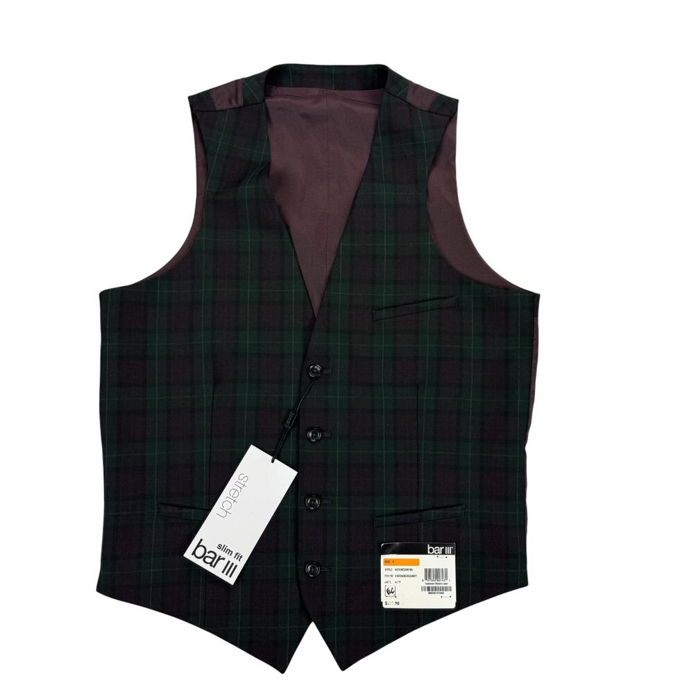 Bar III Mens Slim Fit Stretch Plaid Suit Vest Green Burgundy S